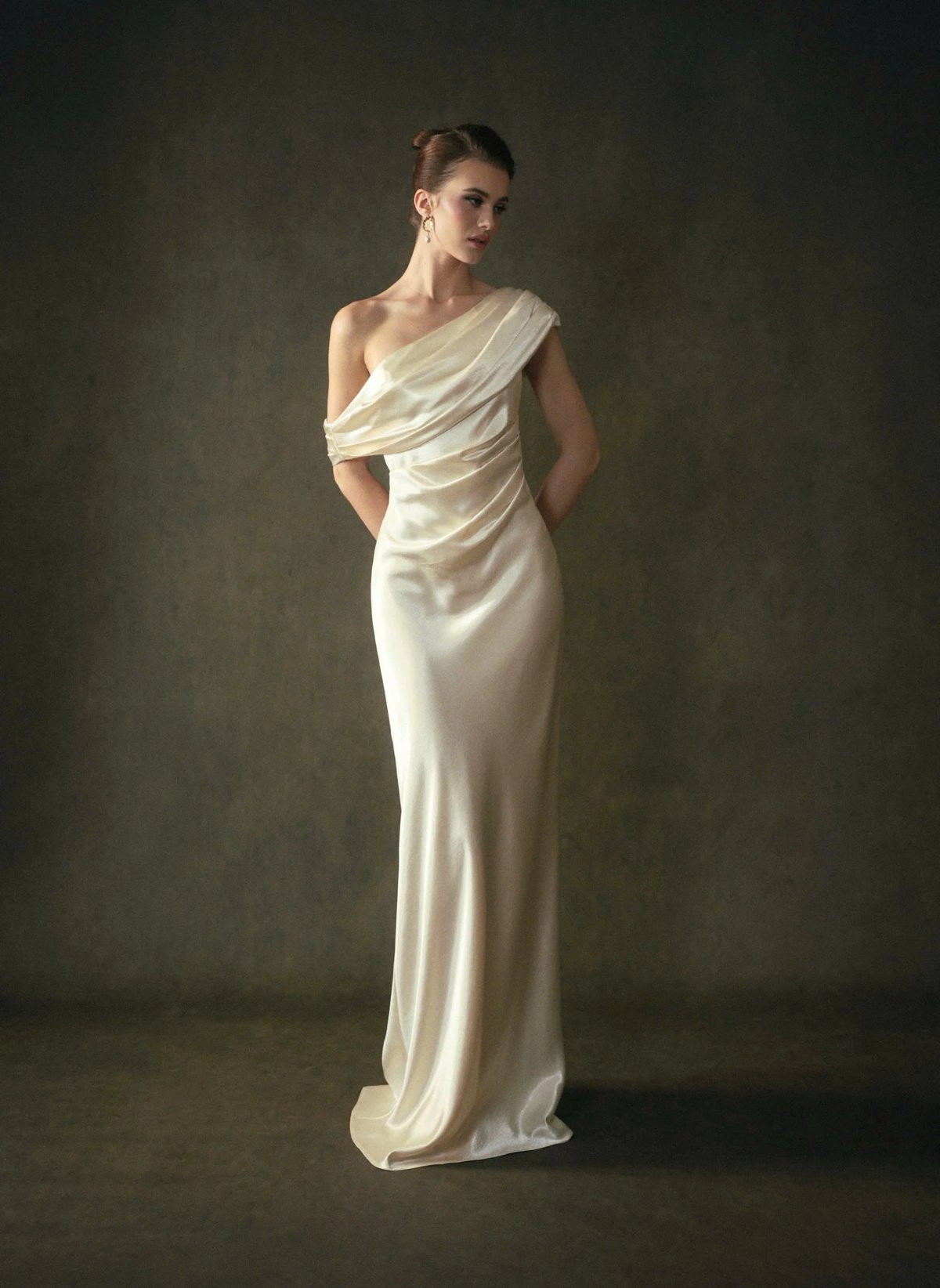 KISSERINE GRACE DRESS Asymmetrical Off-Shoulder Satin Maxi Dress