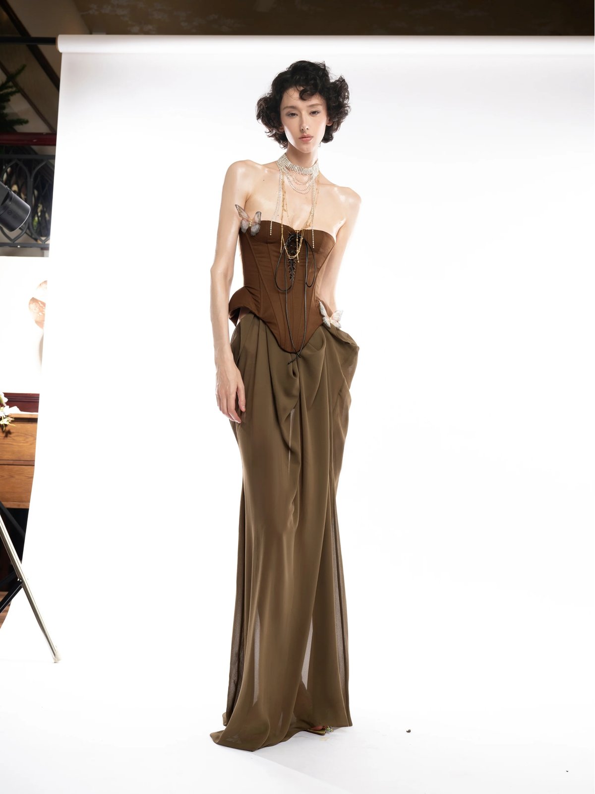 HUELLEYROSE Kiona Corset Dress with Lace-up Detail and Butterfly Pins
