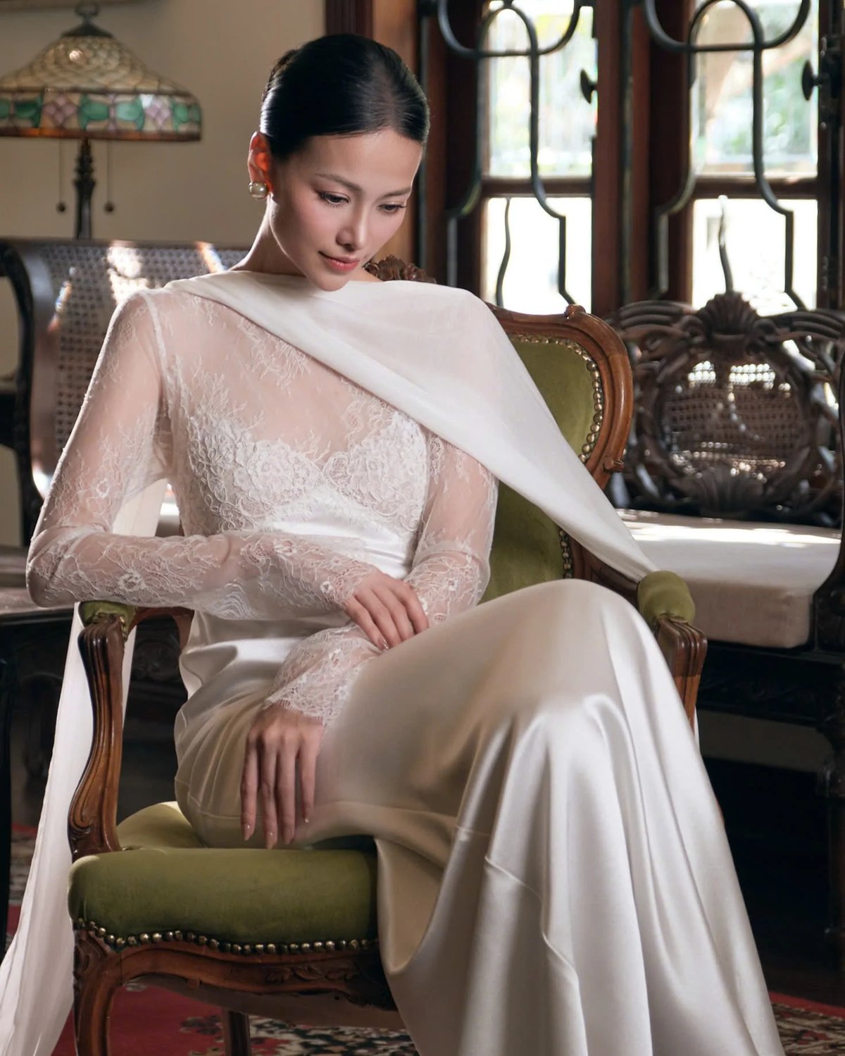 KISSERINE PALINA GOWN White Lace and Satin Evening Dress