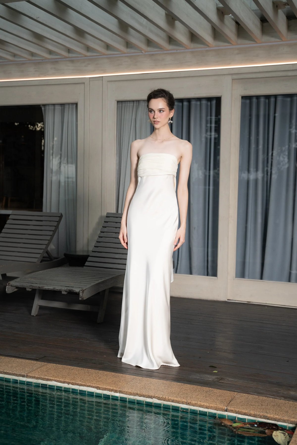 KISSERINE RACHEL Strapless Silk Satin Dress with Ruffles