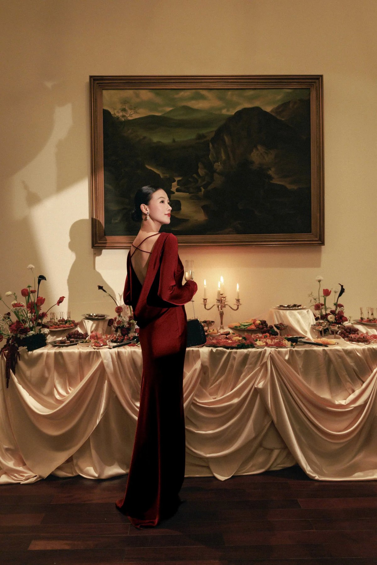 KISSERINE ROSENA Long Sleeve Silk Satin Open Back Dress