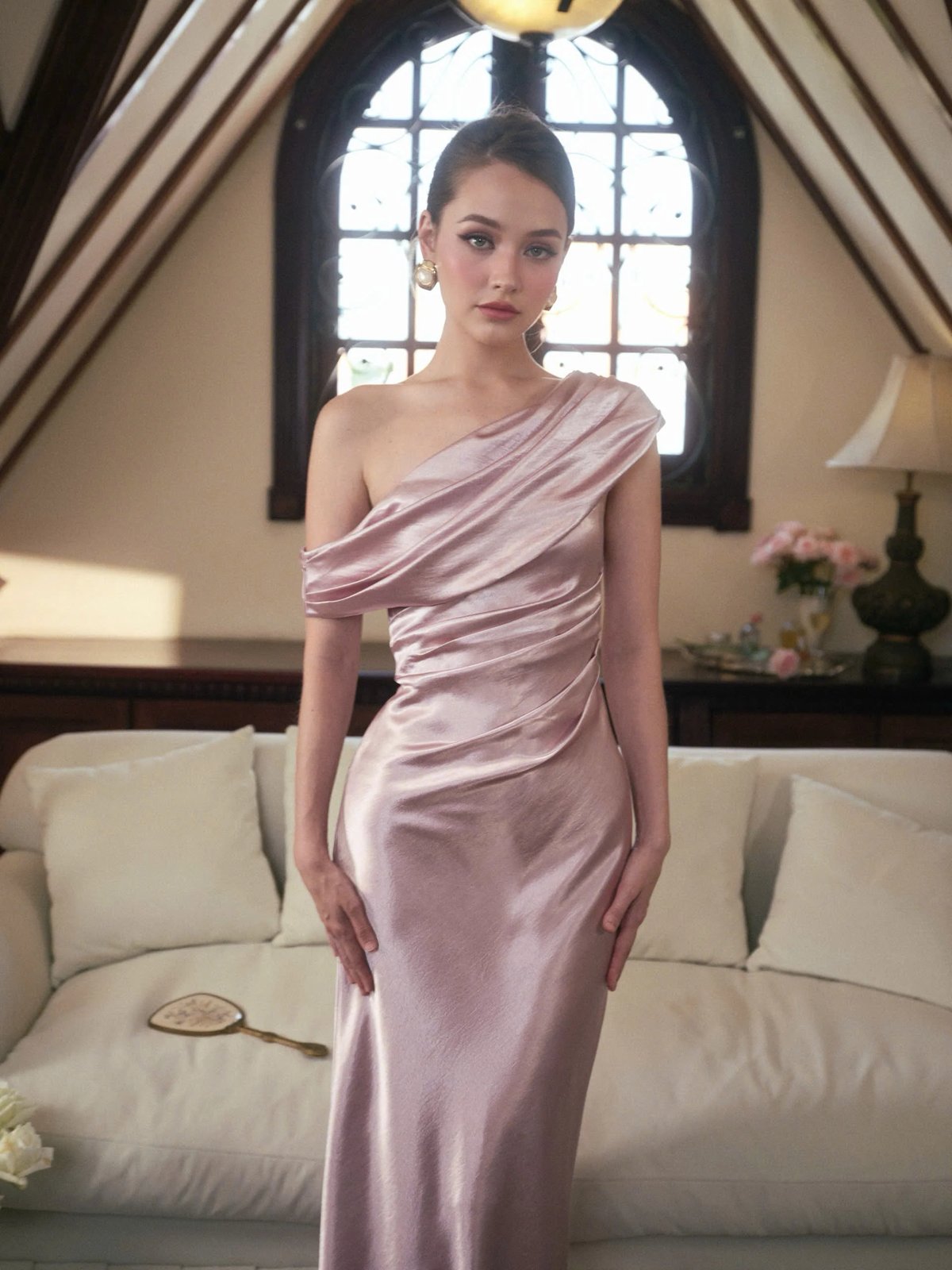 KISSERINE GRACE DRESS Asymmetrical Off-Shoulder Satin Maxi Dress