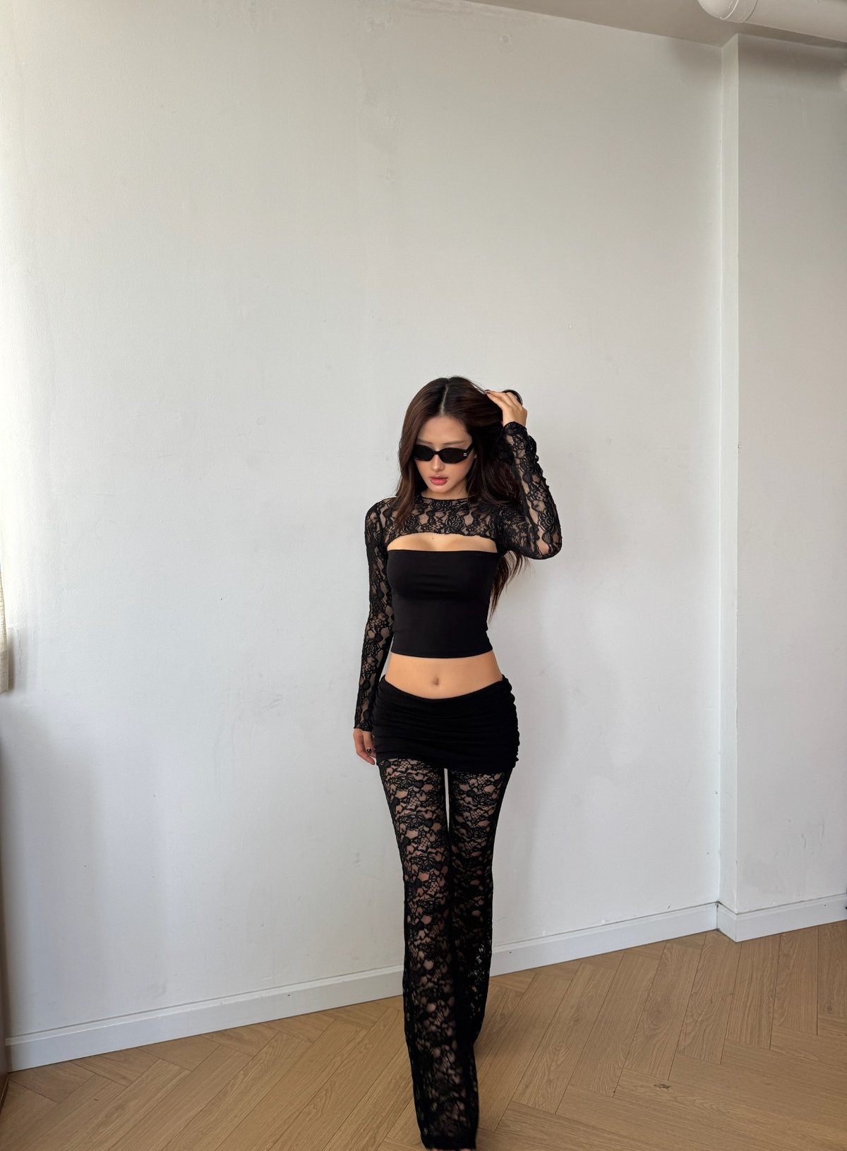 SAMANTHA KILLSYSTEM Lace Flare Pants and Low-Rise Mini Skirt Set