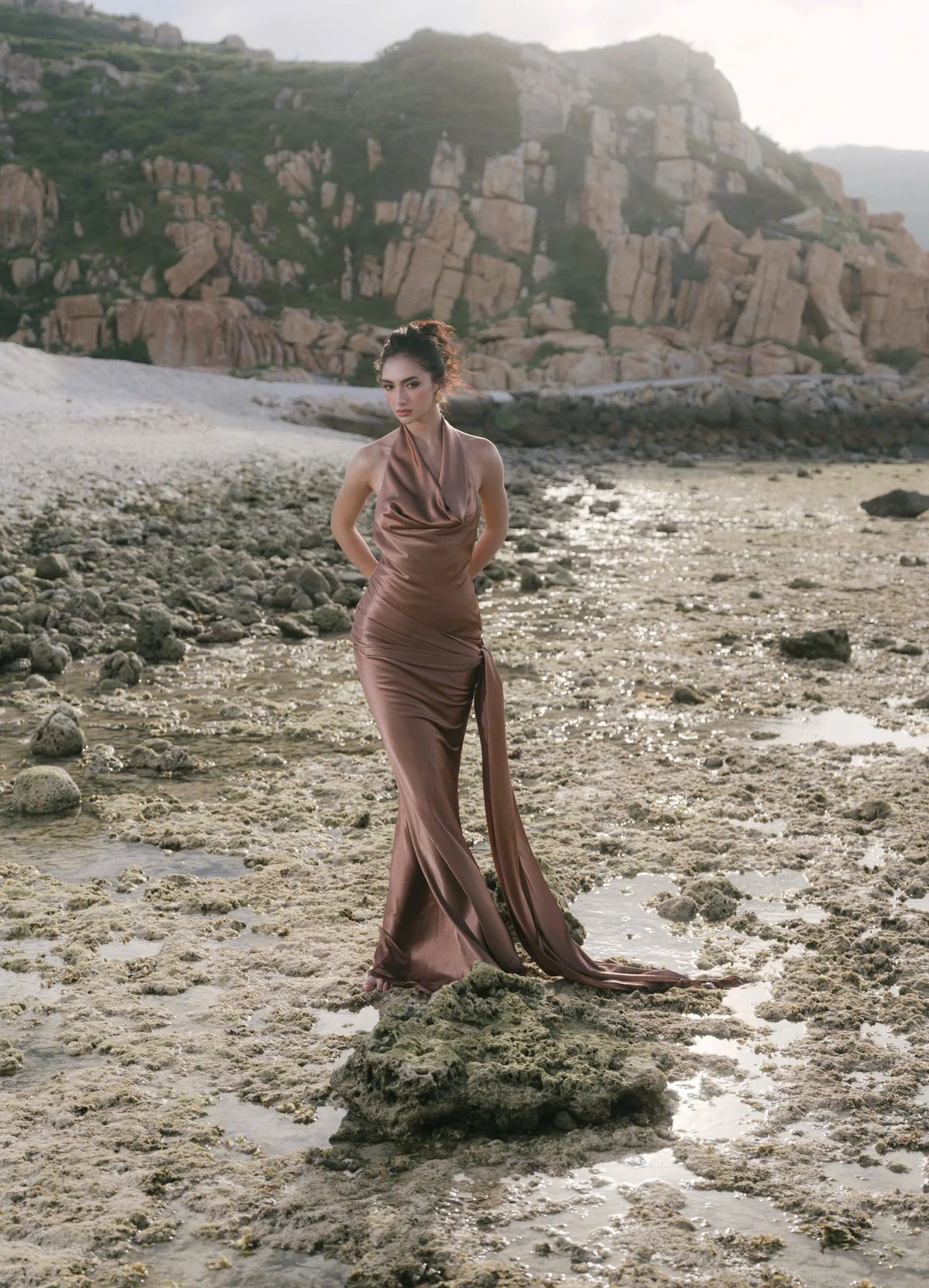 KISSERINE ODETTE Satin Cowl Neck Maxi Dress