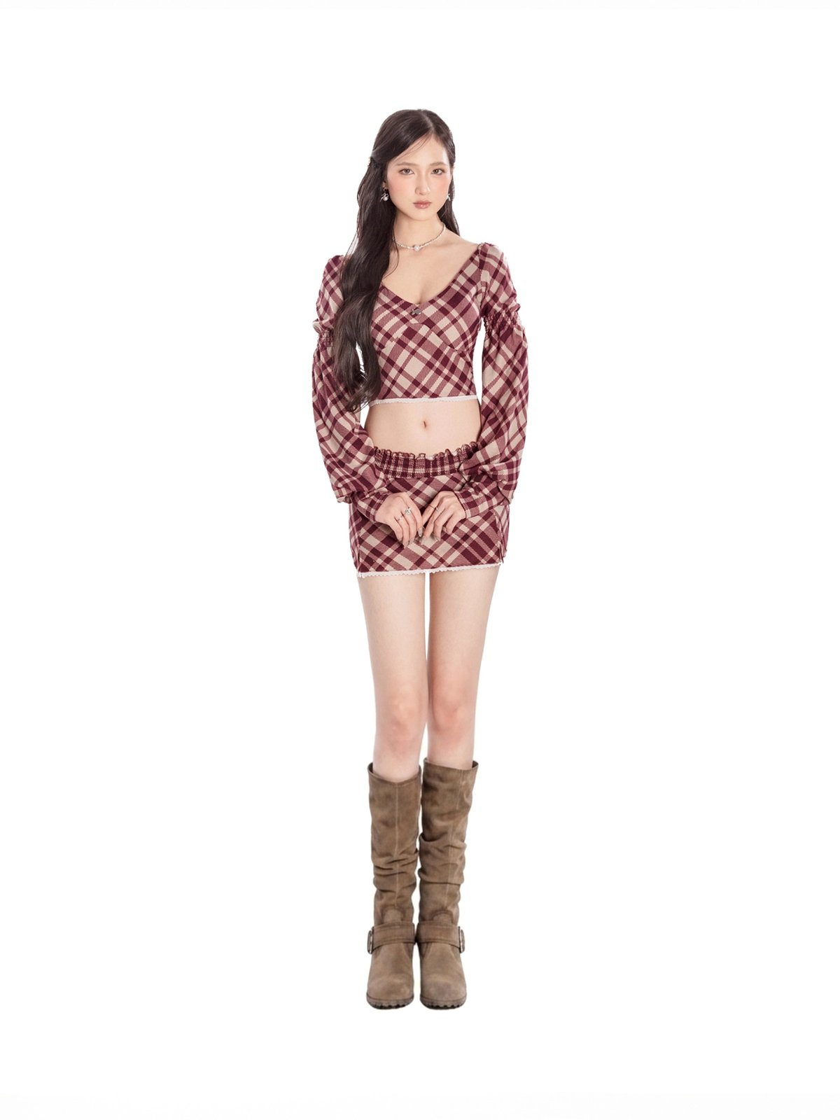 DKMV Rhodes Set Red Plaid Long Sleeve Puff Top and Mini Skirt with Lace Trim