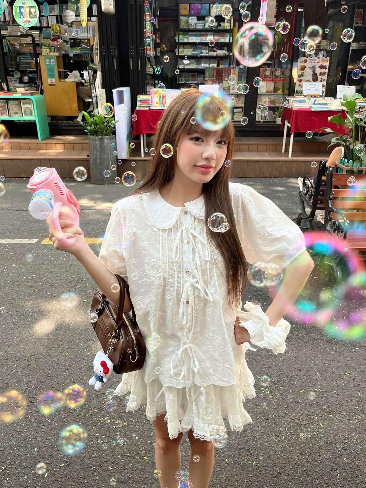 KILL SYSTEM Yuri Lace Collar Bow Tie Puff Sleeve Babydoll Top