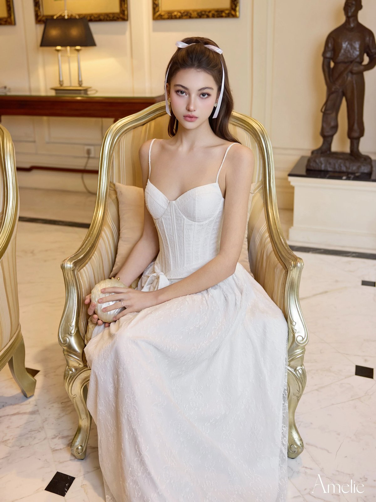 AMELIE Judy 白色蕾絲細肩帶長裙