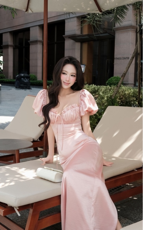 THAOBIBI 絲綢泡泡袖長裙