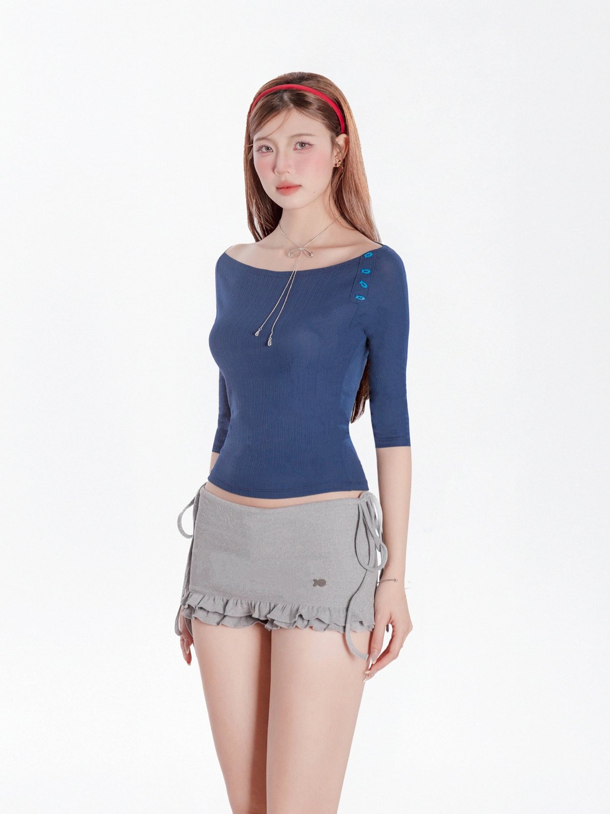 DKMV Adhara Ribbed Boat Neck Top - Grey