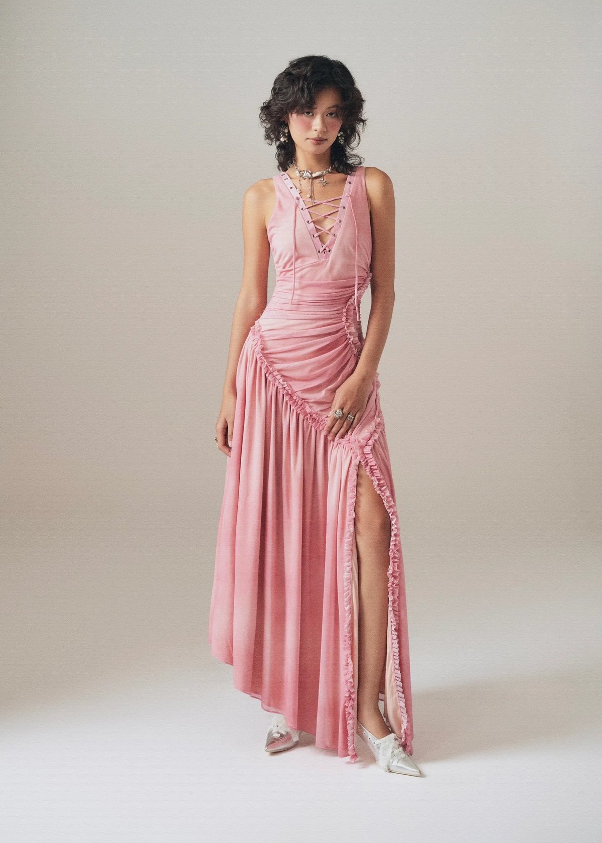 INTO.EIGHT Blush Dress Lace-up Ruched Maxi Dress