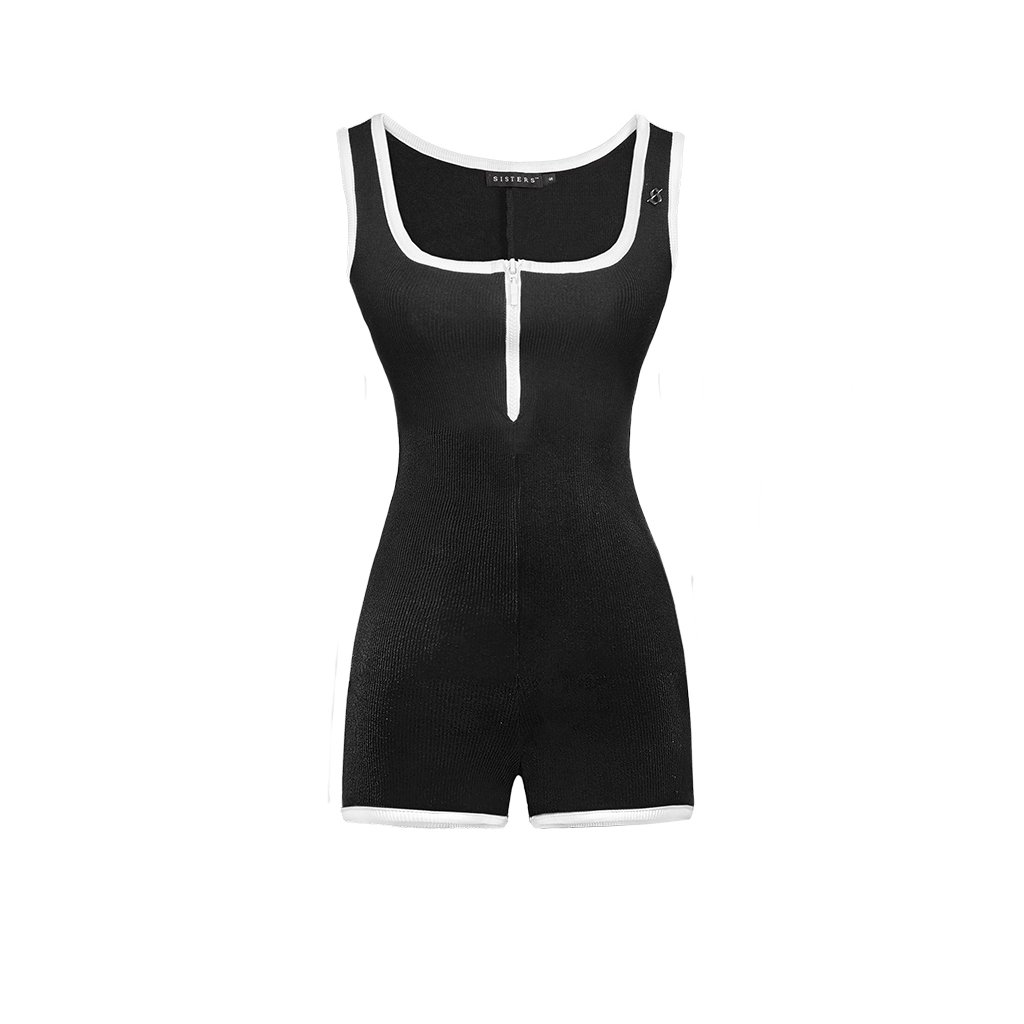 SISTERS Esmee Sleeveless Zip-Front Romper Black and White Contrast