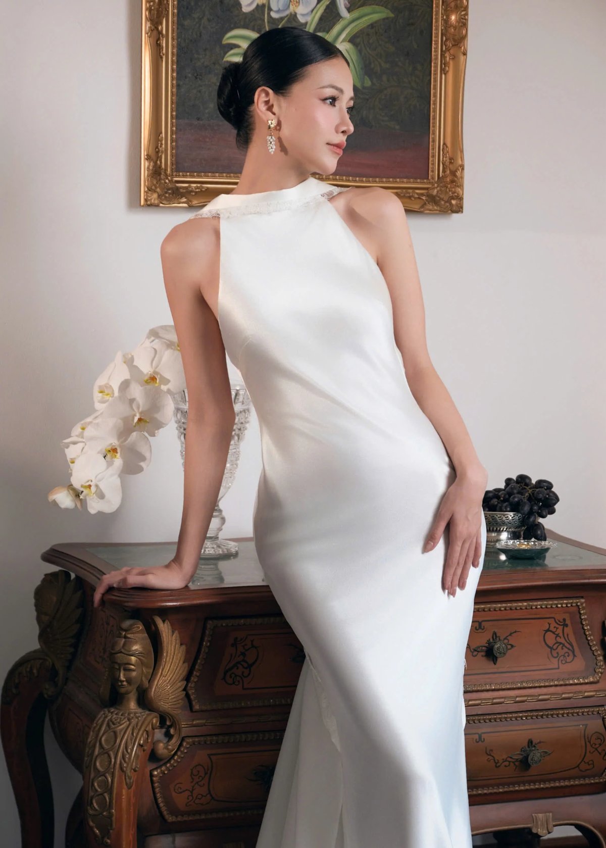 KISSERINE ALTYNSA GOWN - White Silk & Floral Lace Wedding Dress