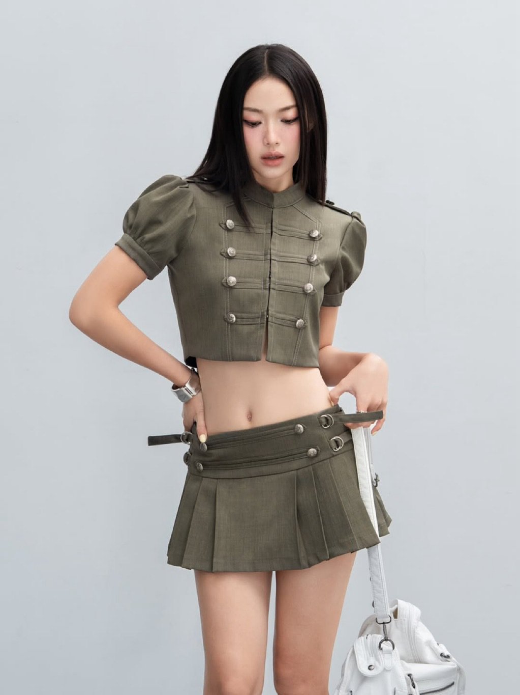 Hoodesign Army X Set Military Style Cropped Top and Pleated Skirt