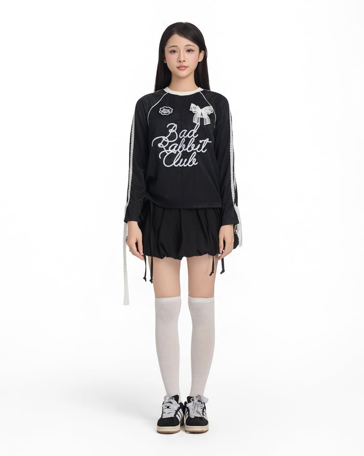 BAD RABBIT Noir Rabbit Regular Jersey 運動風刺繡蕾絲蝴蝶結長袖T恤