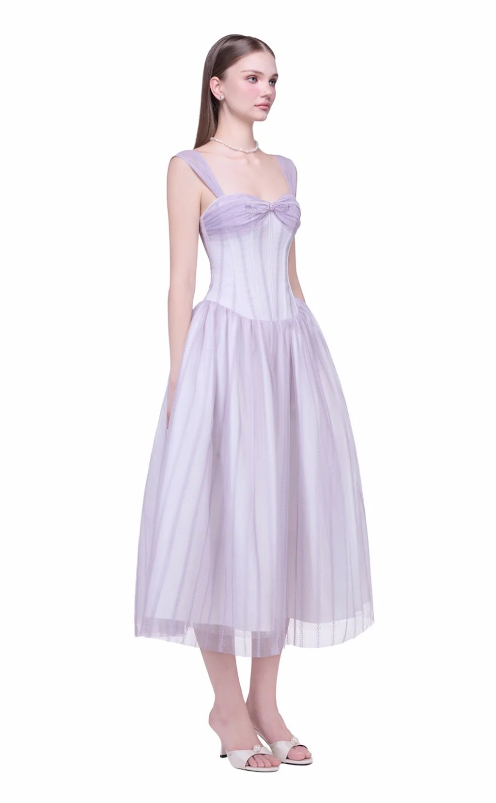 JUBIN Harriet Balletcore Romantic Square Neck Pleated Chiffon Midi Dress