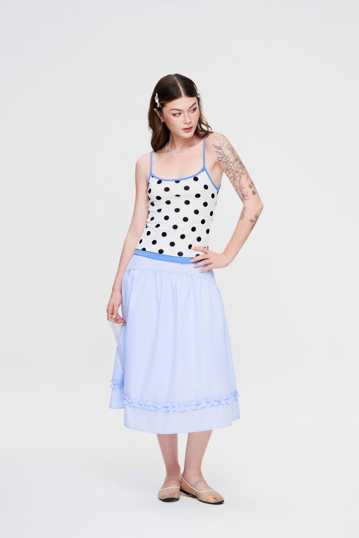 DOTTIE Ruffle Trim Midi Skirt - Blue