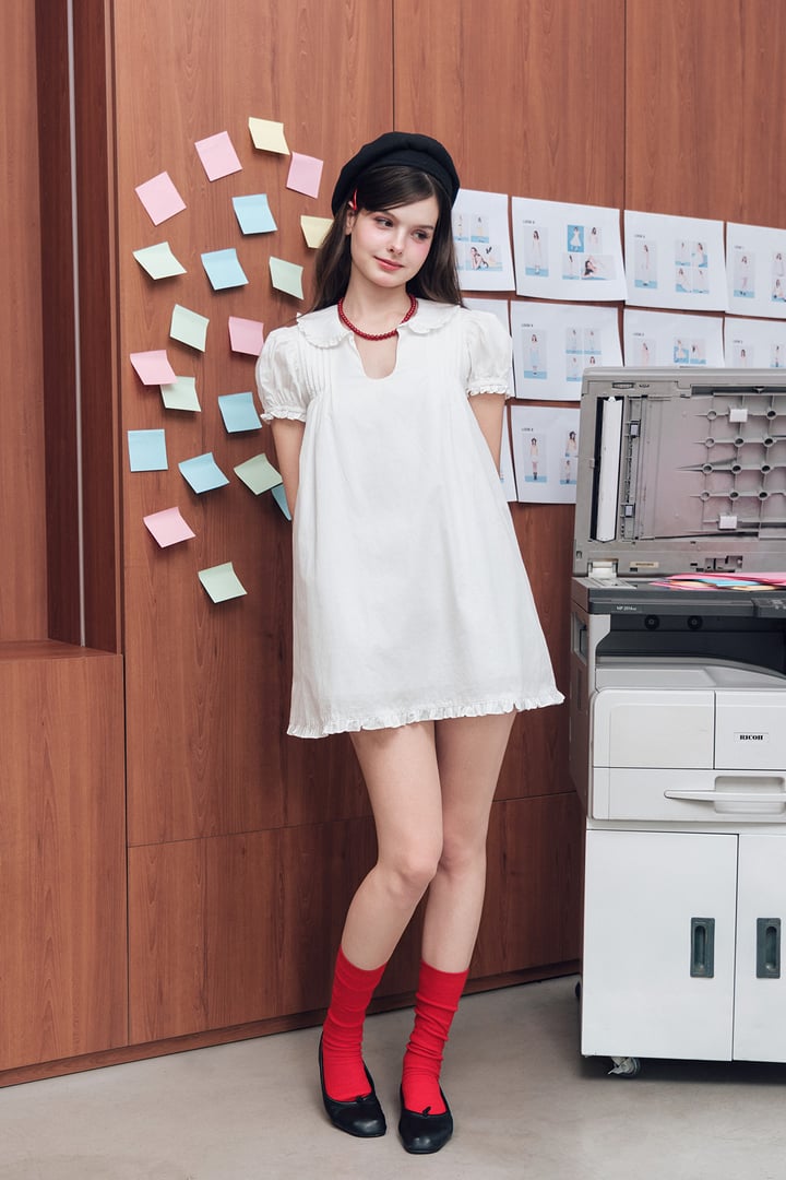 DOTTIE Lotus Collar Puff Sleeve Mini Dress - White