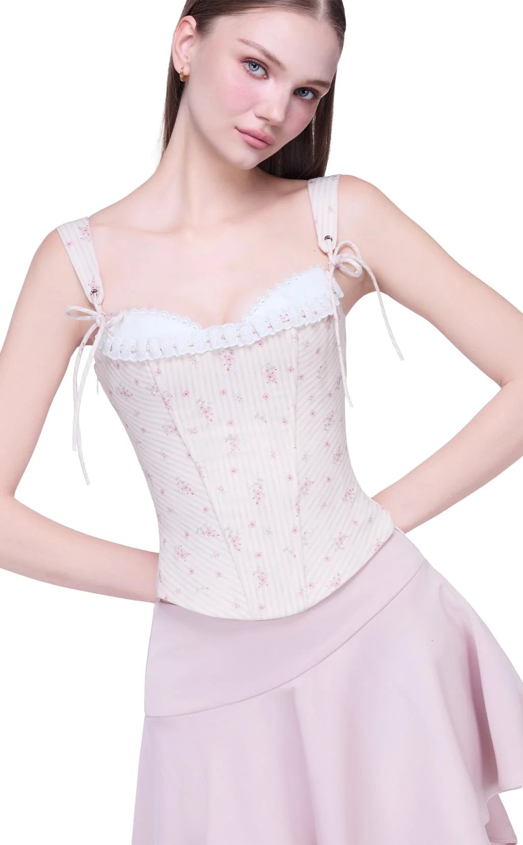 JUBIN SOULIE CORSET Floral Ditsy Print Sweetheart Neckline Lace-Trimmed Corset Top