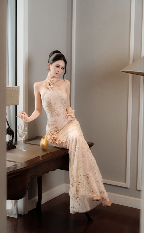 THAOBIBI Floral Embroidered Mesh Maxi Dress