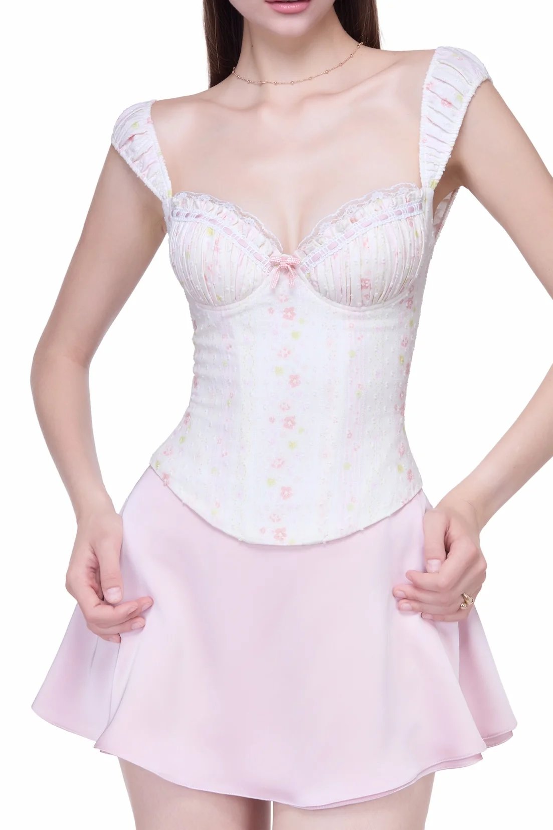 JUBIN BALLERIE 花卉碎花束身衣 蕾絲系帶排皺胸墊上衣