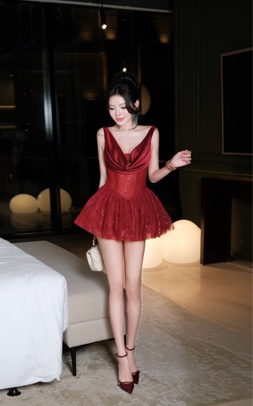 THAOBIBI Lace Drape Neck Mini Dress