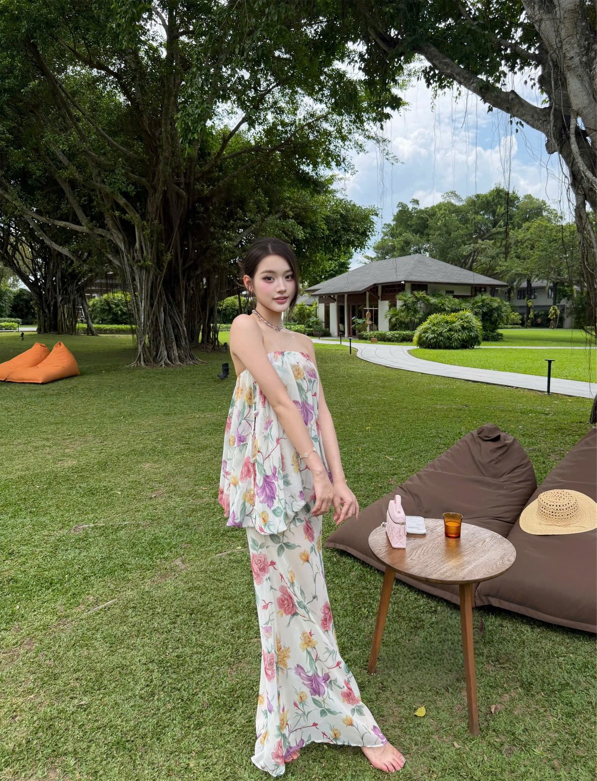 CHOU CHOU 花卉雪紡內建胸墊長裙