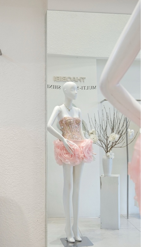 THAOBIBI Sequin Rose Petal Strapless Mini Dress