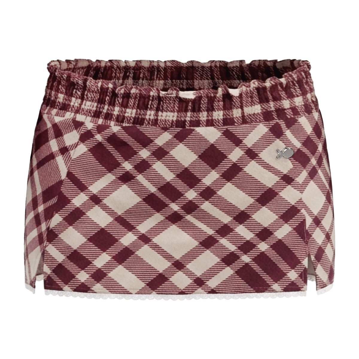 DKMV Rhodes Set Red Plaid Long Sleeve Puff Top and Mini Skirt with Lace Trim