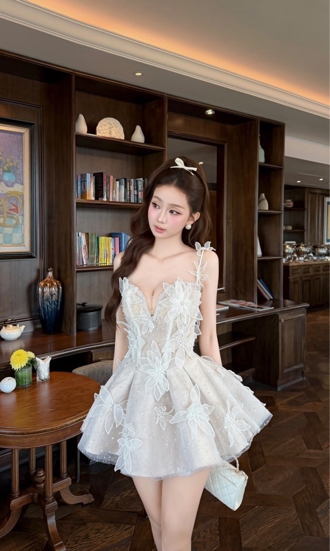 THAOBIBI Glitter Sequin Floral Embroidered Mini Party Dress