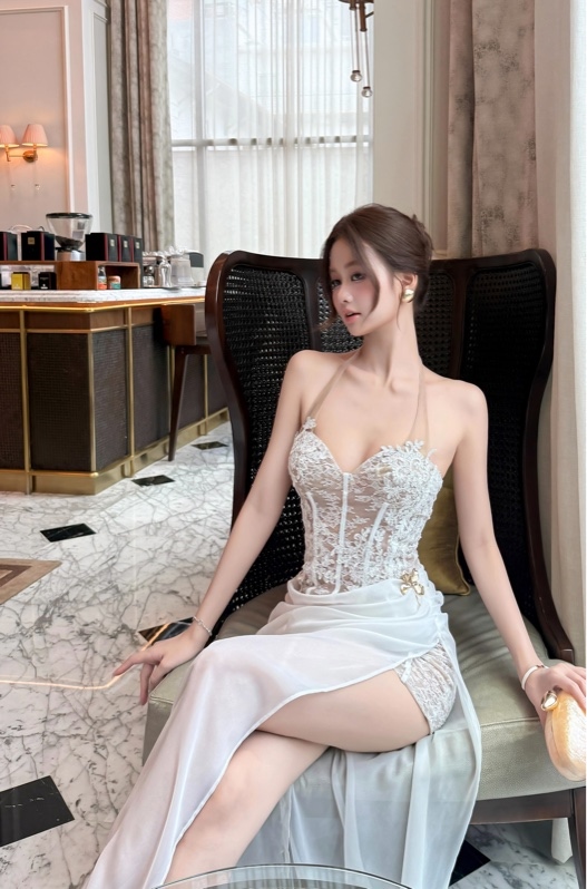 THAOBIBI Lace Corset Dress with Chiffon Overlay