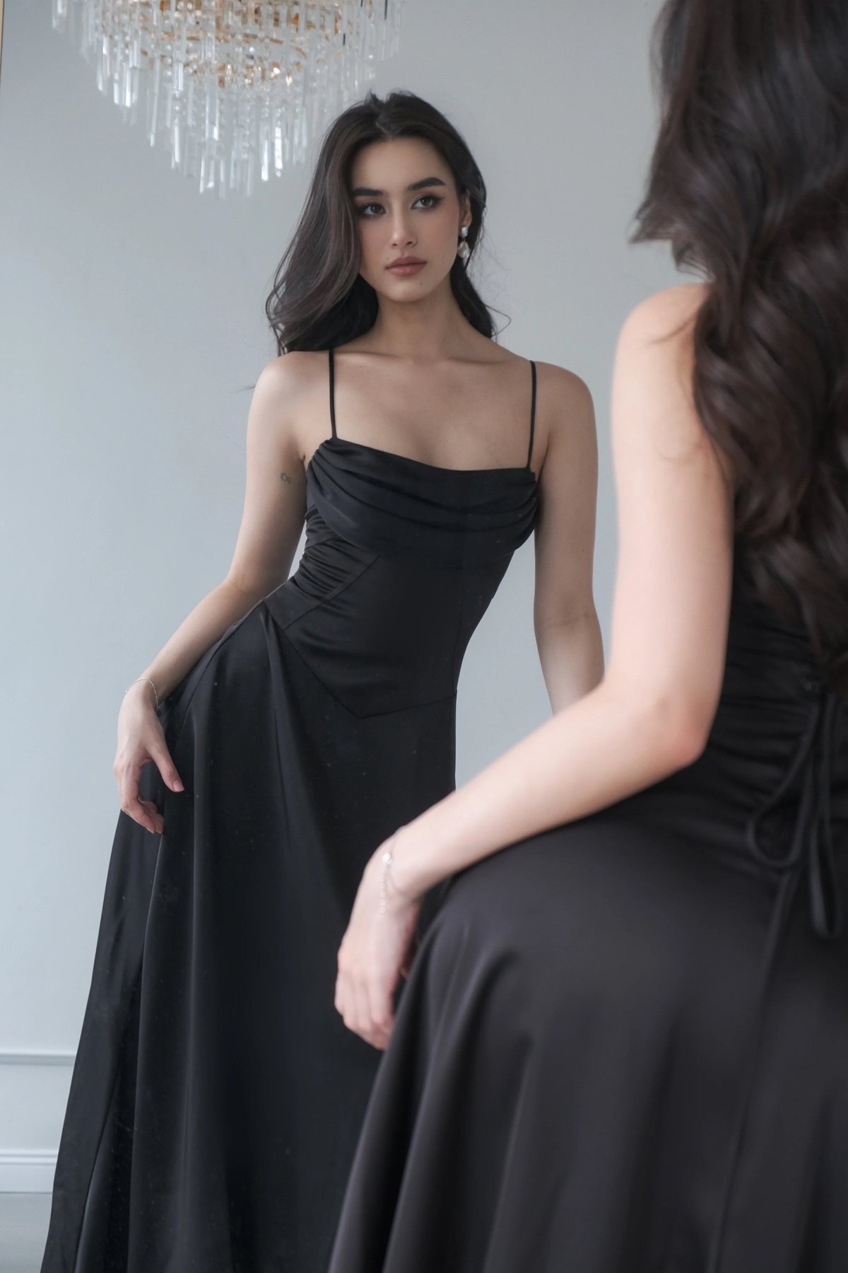 KISSERINE Noir Satin Pleated Dress Satin 緞面褶皺細肩帶連身裙