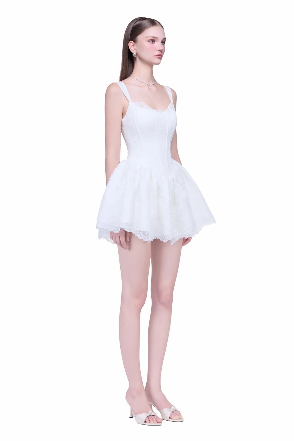 JUBIN Feather Lace Corset Mini Dress