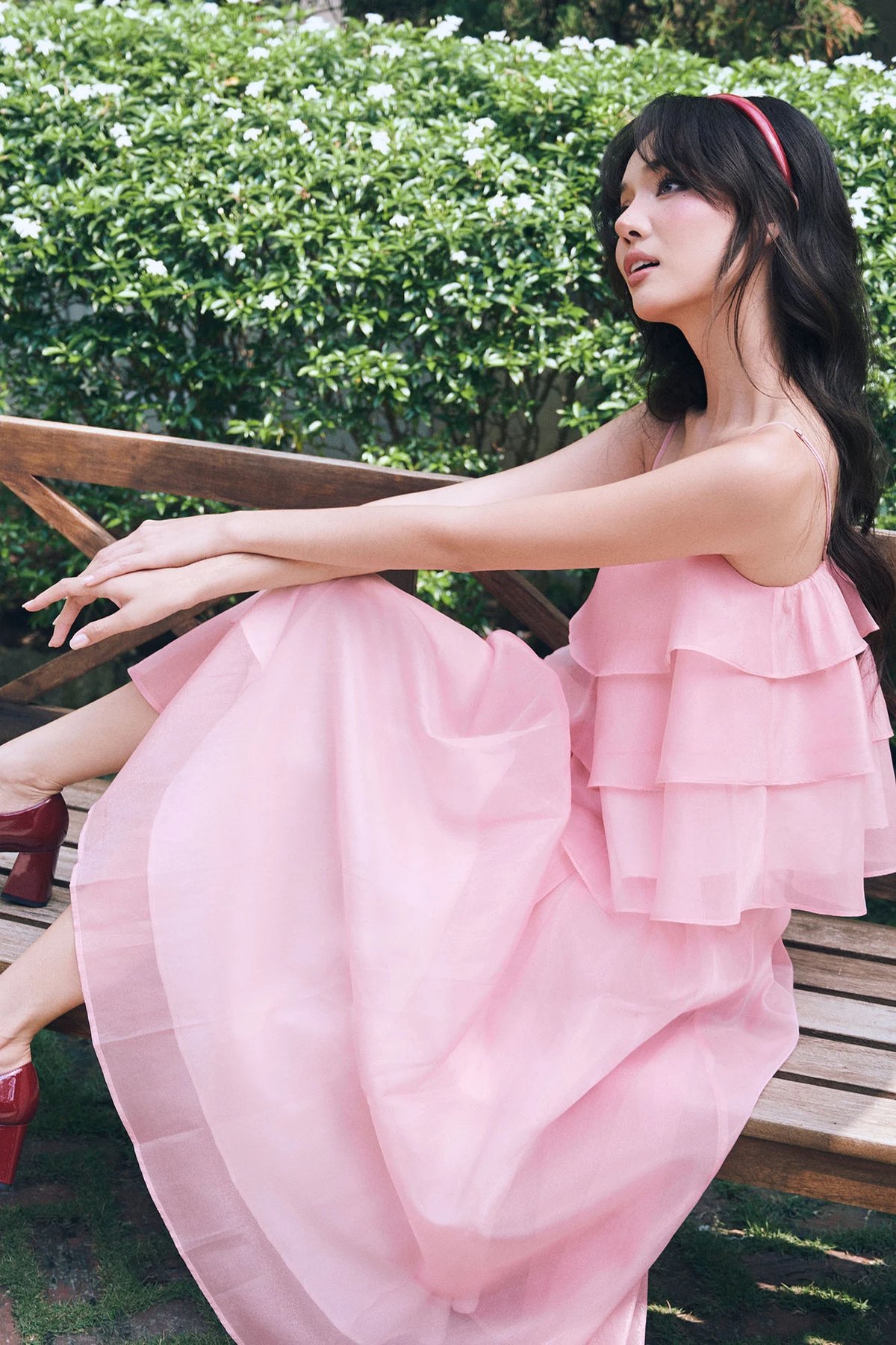 DOTTIE Pink Chiffon Pleated Midi Skirt S0306