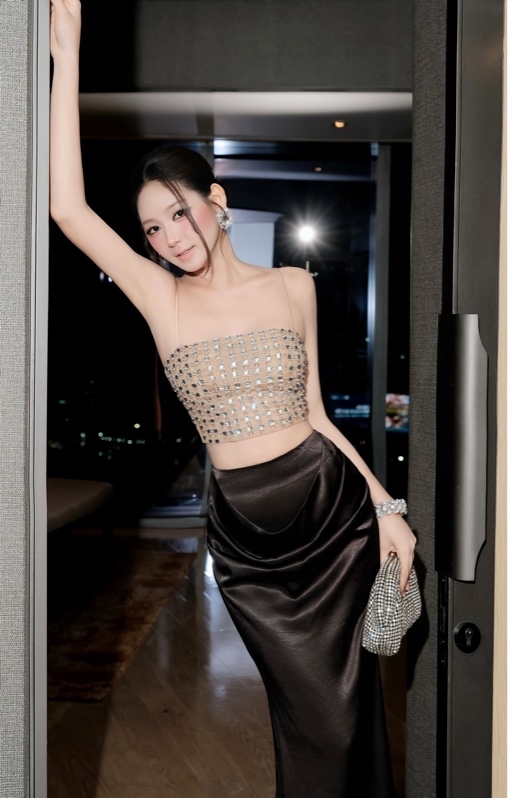 THAOBIBI Drape Satin Midi Skirt