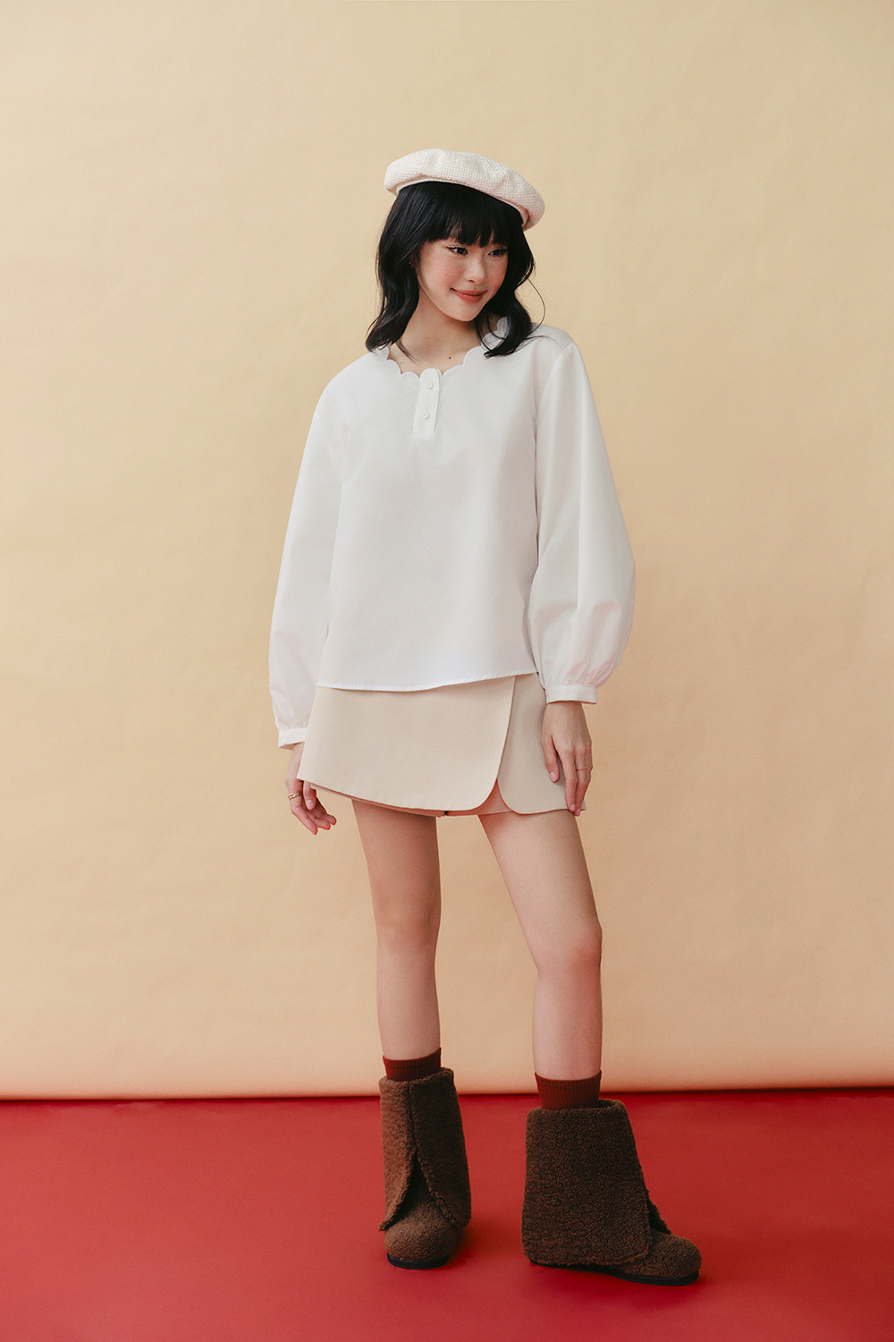 DOTTIE Scallop Neck Long Sleeve Blouse - White