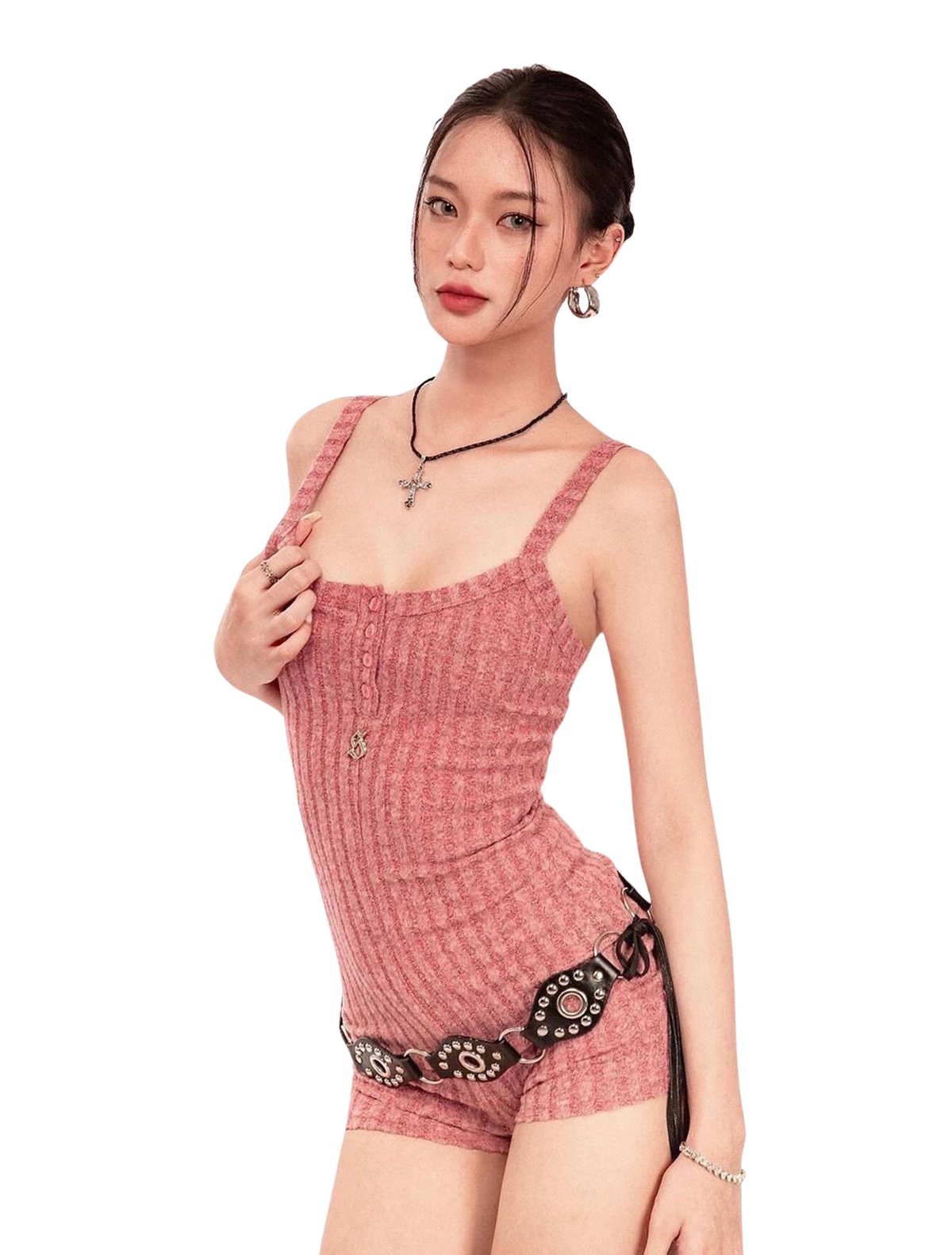 SISTERS Kate Buttoned Spaghetti Strap Knit Romper