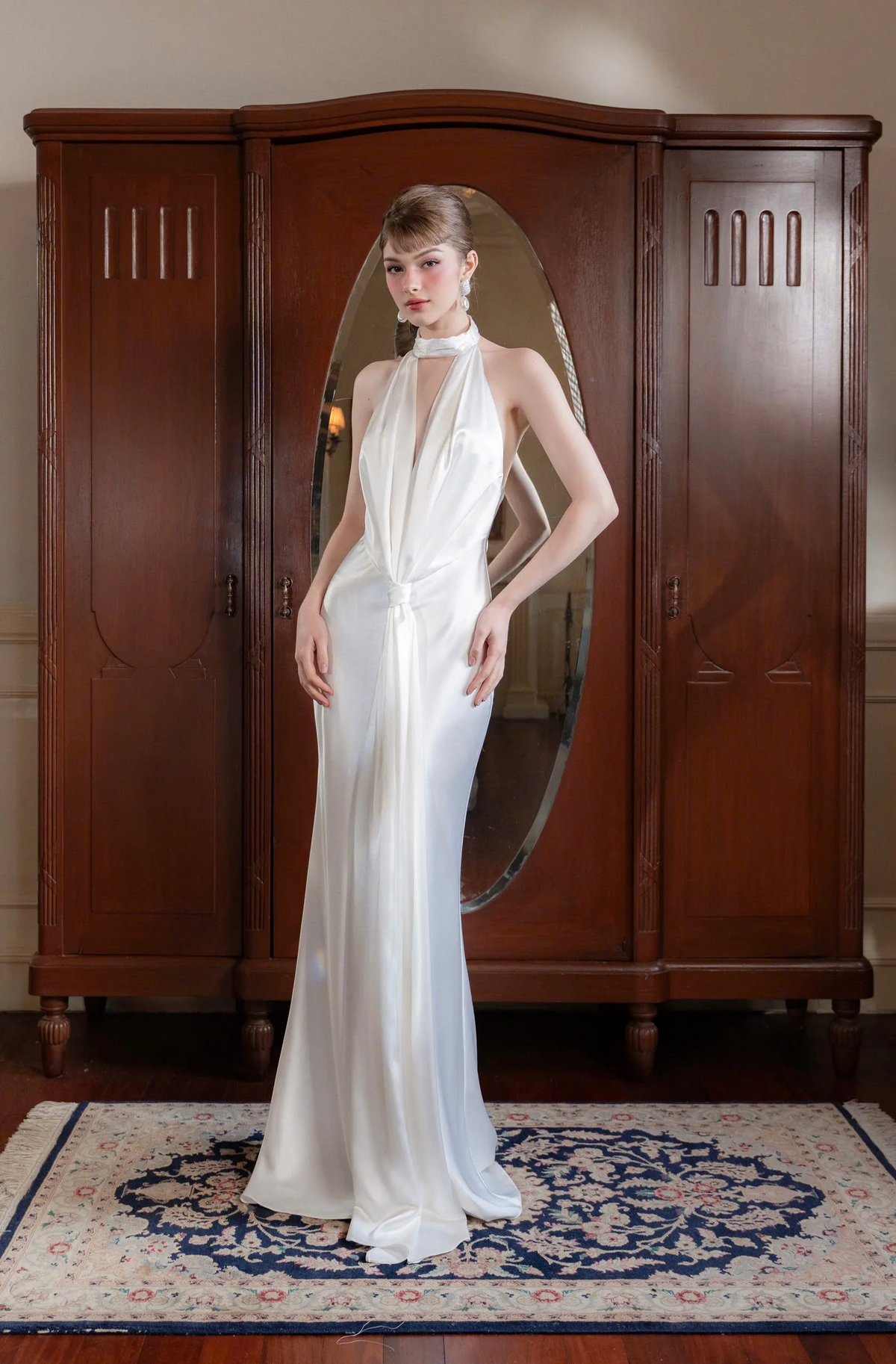 KISSERINE ANORA Silk Satin Halter Neck Backless Maxi Dress