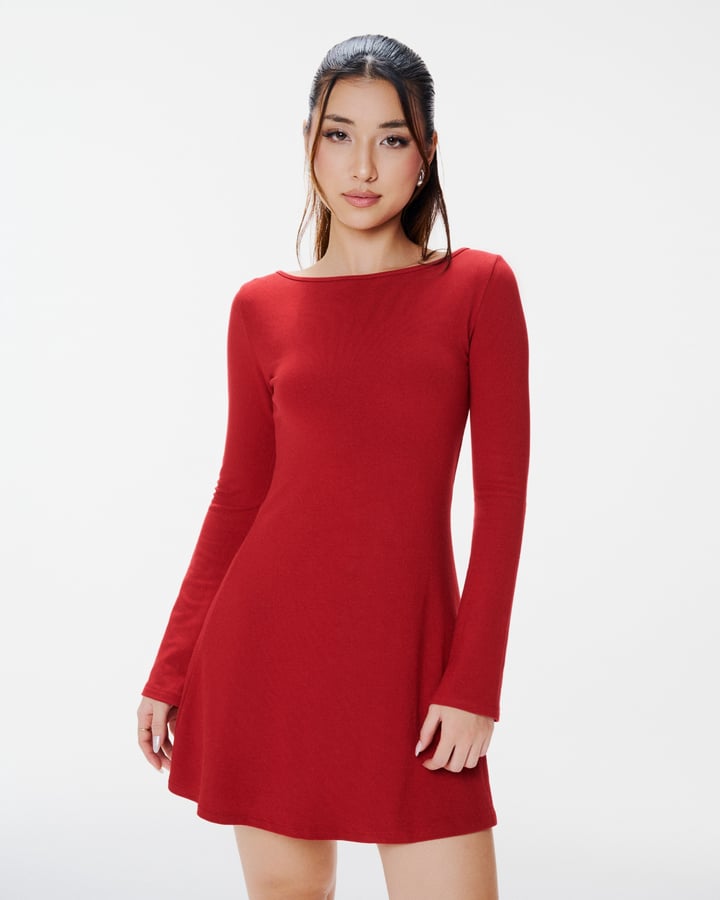 DOTTIE Macie Boat Neck Long Sleeve Mini Dress - 紅色