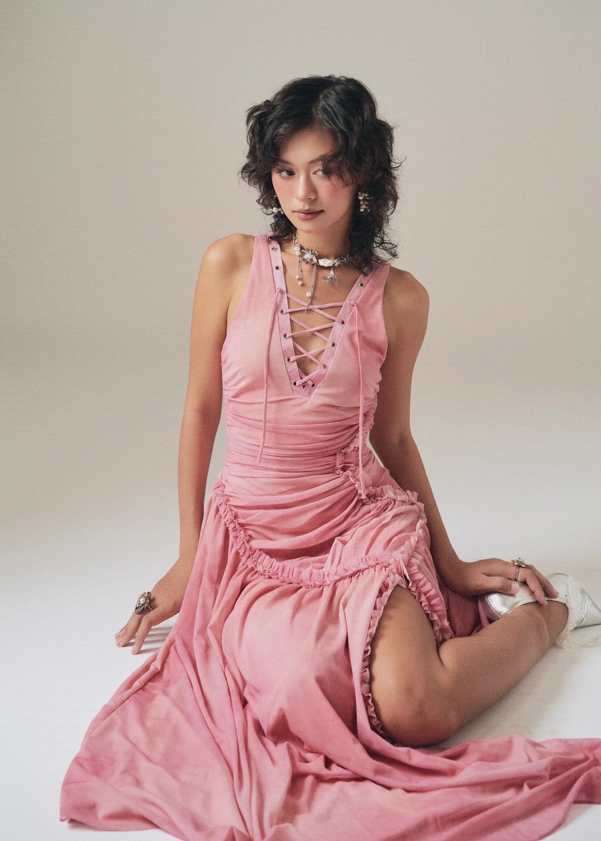 INTO.EIGHT Blush Dress Lace-up Ruched Maxi Dress