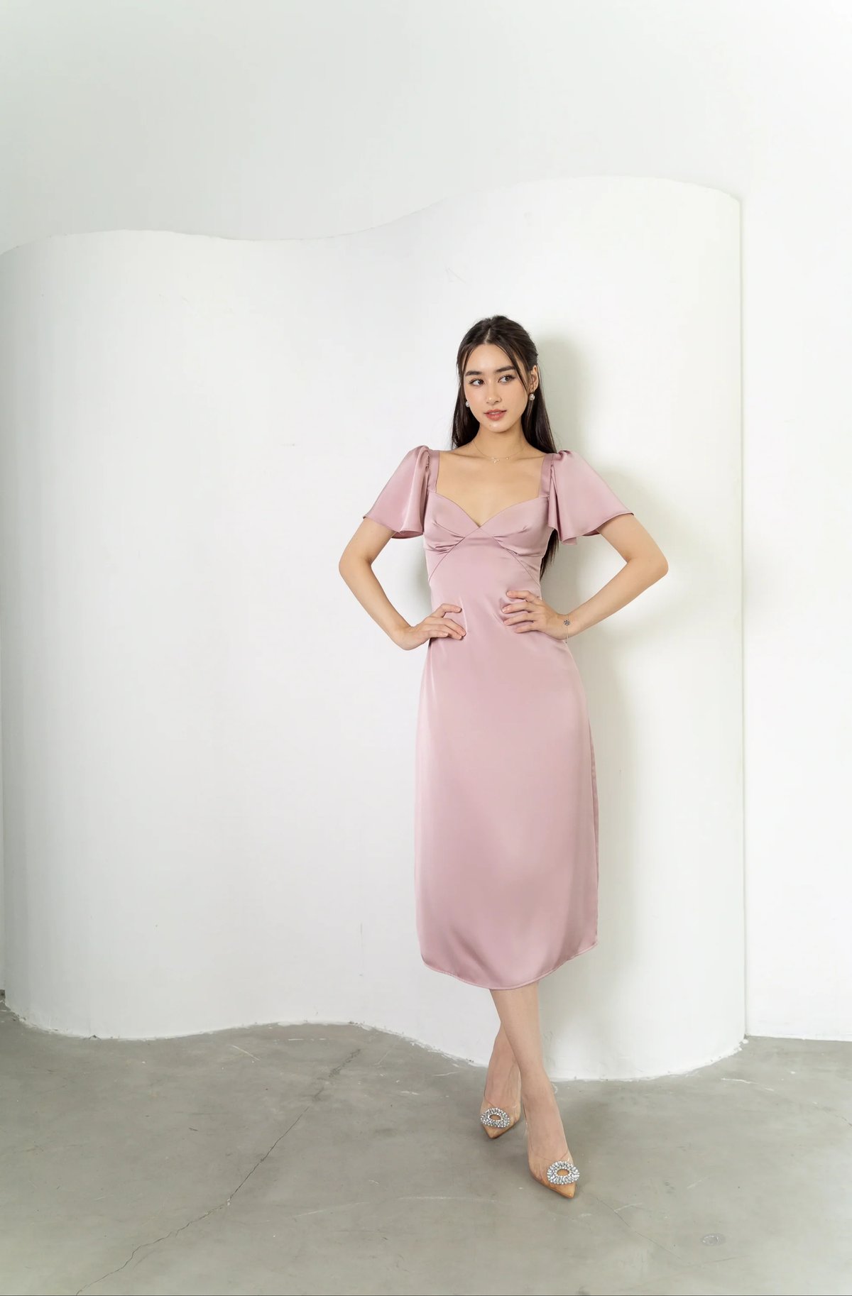 KISSERINE JUDY Satin Midi Dress with Fairy-Wing Sleeves