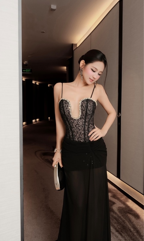THAOBIBI Mesh Rhinestone Trim Spaghetti Strap Maxi Dress
