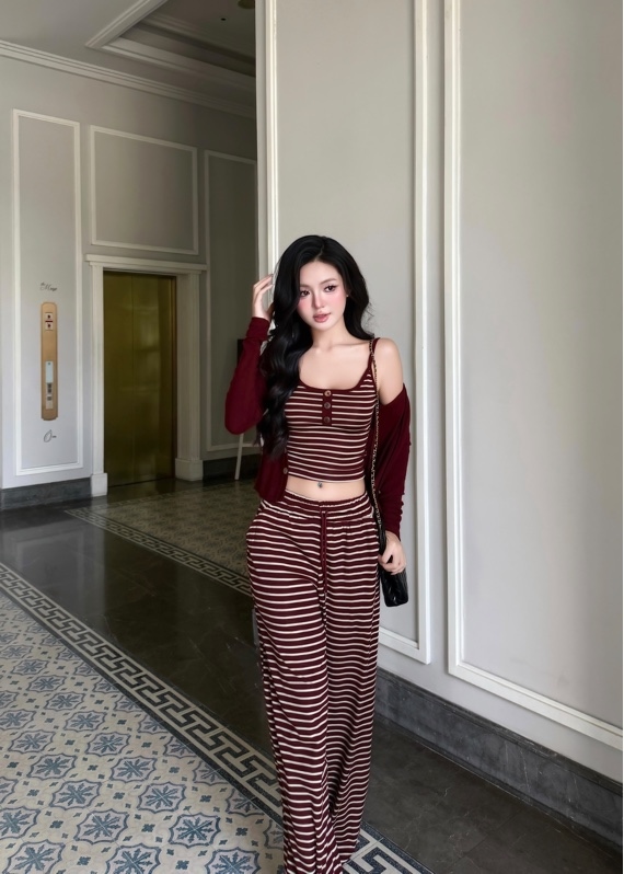 THAOBIBI Striped Camisole and Pants Set with Cardigan
