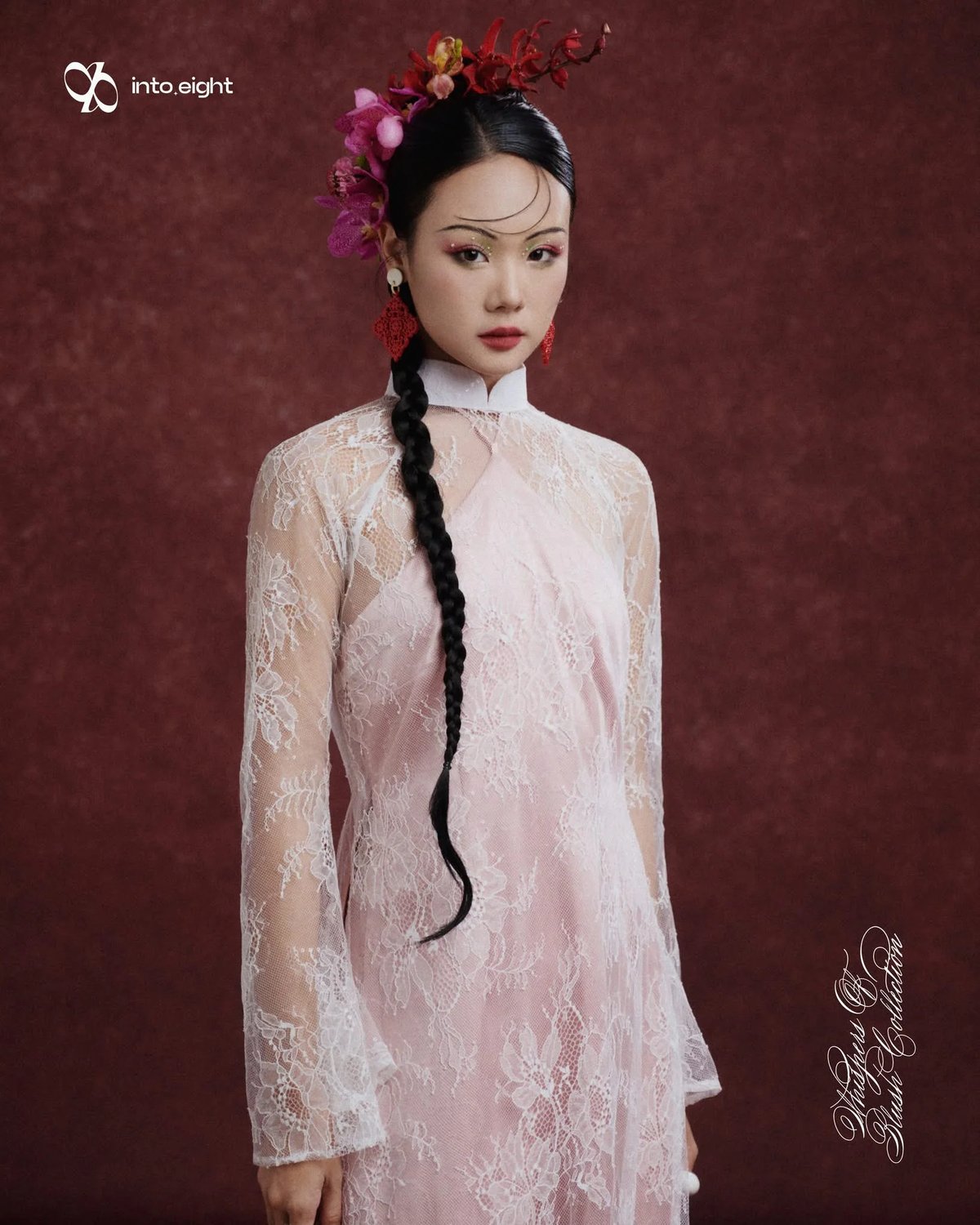 into.eight Áo Dài Duyên Floral Lace Layered Dress
