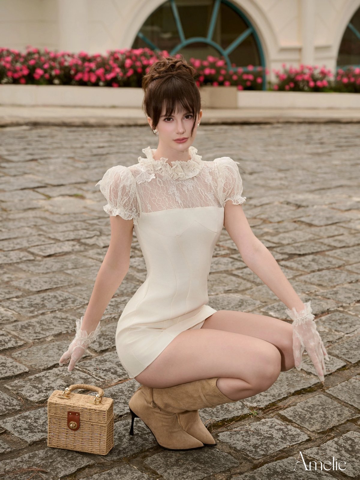 AMELIE Mical Lace Trim Mini Dress - Beige