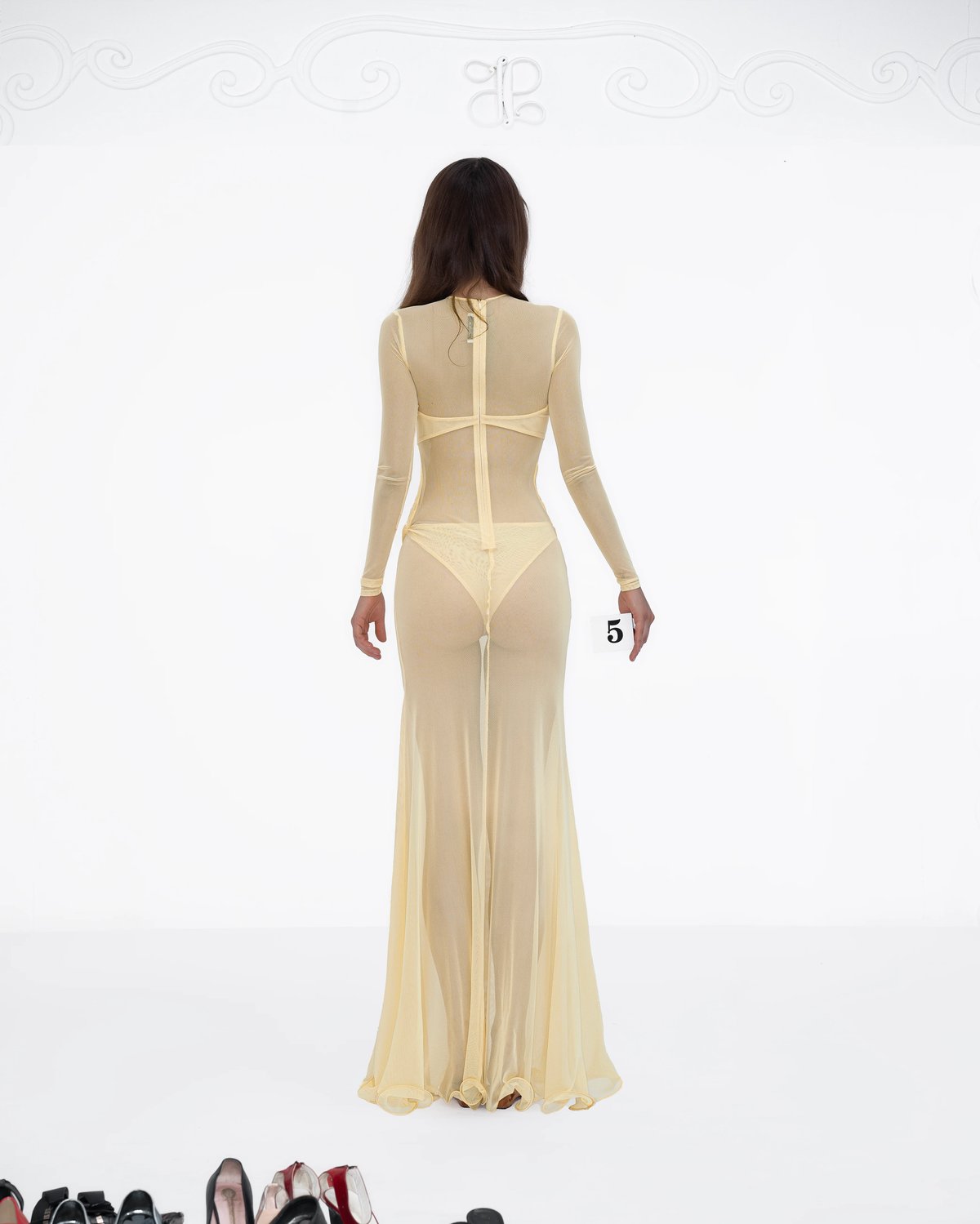 HUELLEYROSE Syl Dress Yellow Lace Mesh Long Sleeve Maxi Dress