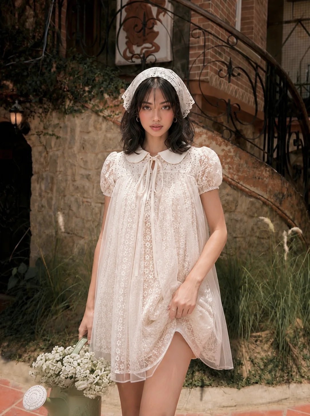 Sugar Crush Lili 蕾絲娃娃裙 白色 Peter Pan 領泡泡袖連身裙