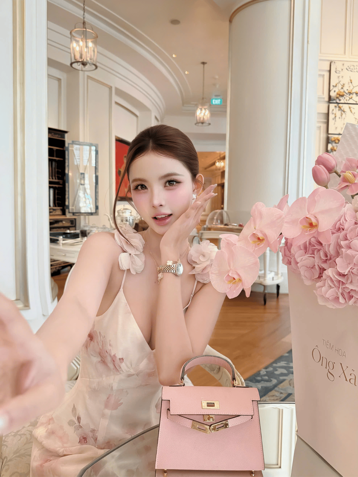Tran Ali 碎花露背吊帶長裙 - 米白色