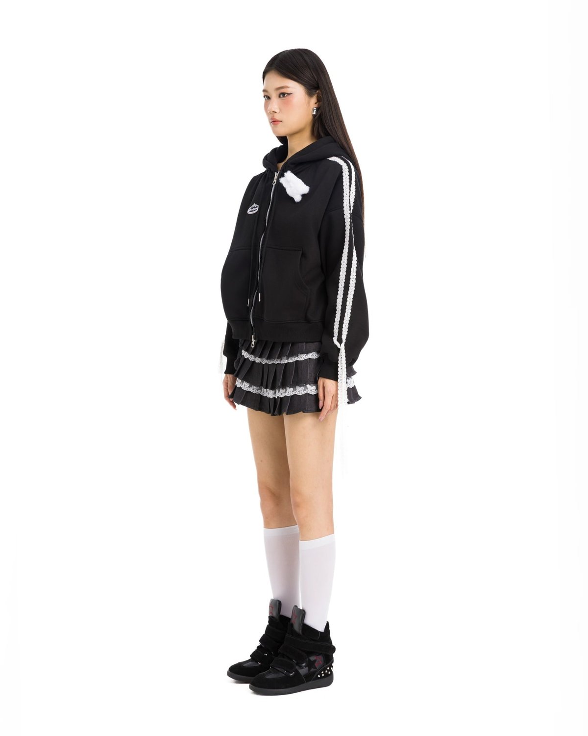 BAD RABBIT Noir Rabbit Tiered Mini Skirt with 3D Embroidery and Lace