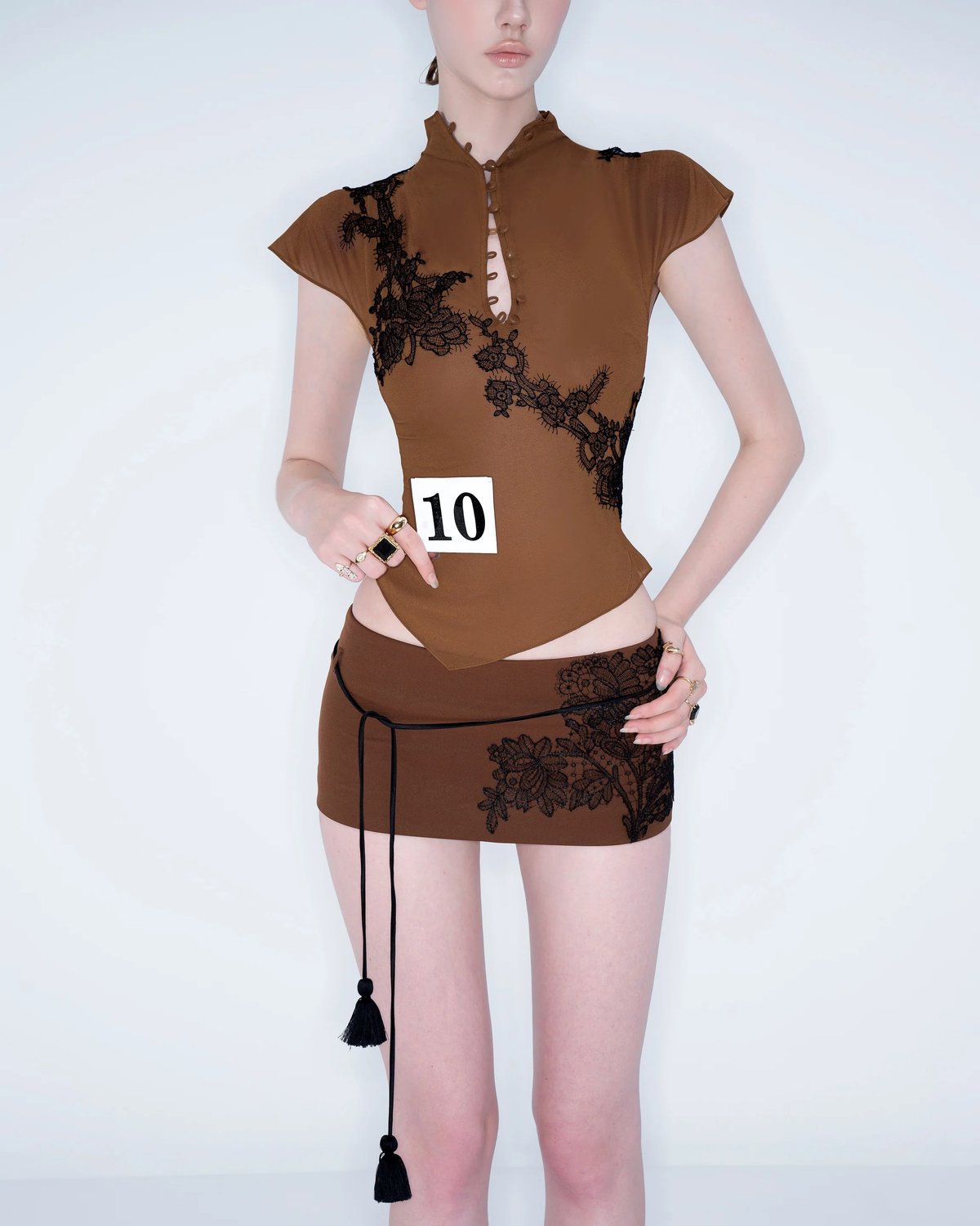 RELLA Mini Skirt - Brown Retro Lace & Tassel Design