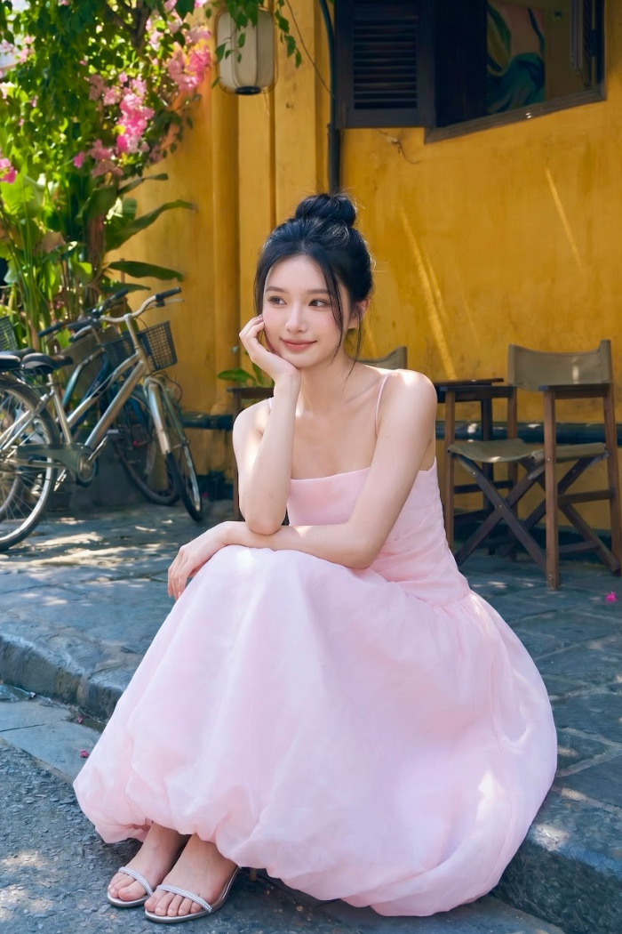 DOTTIE 粉紅色蓬鬆層次感中長洋裝 D0736